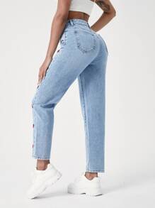 Heart Print Mom Fit Jeans - Light Wash - View 2