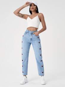 Heart Print Mom Fit Jeans - Light Wash - View 5