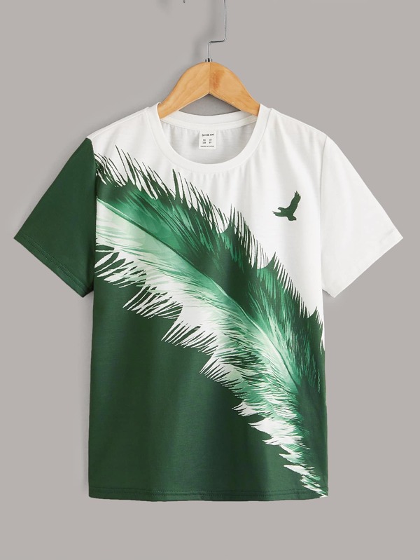 SHEIN Tricou cu imprimeu cu pene de vultur în stil casual simplu pentru băiat Tween, perfect pentru purtarea zilnică de vară