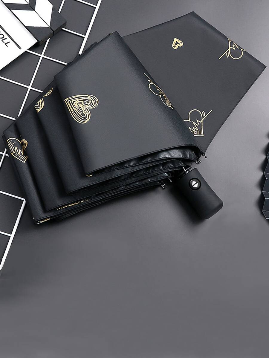Paraguas plegable con estampado de corazón, útiles escolares de regreso a clases, refrigeración de verano, playa, viaje - Negro - Ver 1