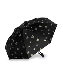 Paraguas plegable con estampado de corazón, útiles escolares de regreso a clases, refrigeración de verano, playa, viaje - Negro - Ver 2