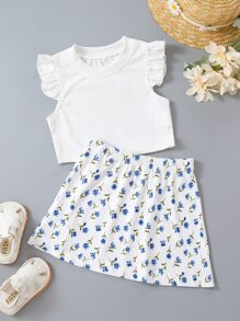 小女童1入組荷葉邊羅紋針織上衣帶1入組花卉圖案半身裙 - 白色 - 查看 1