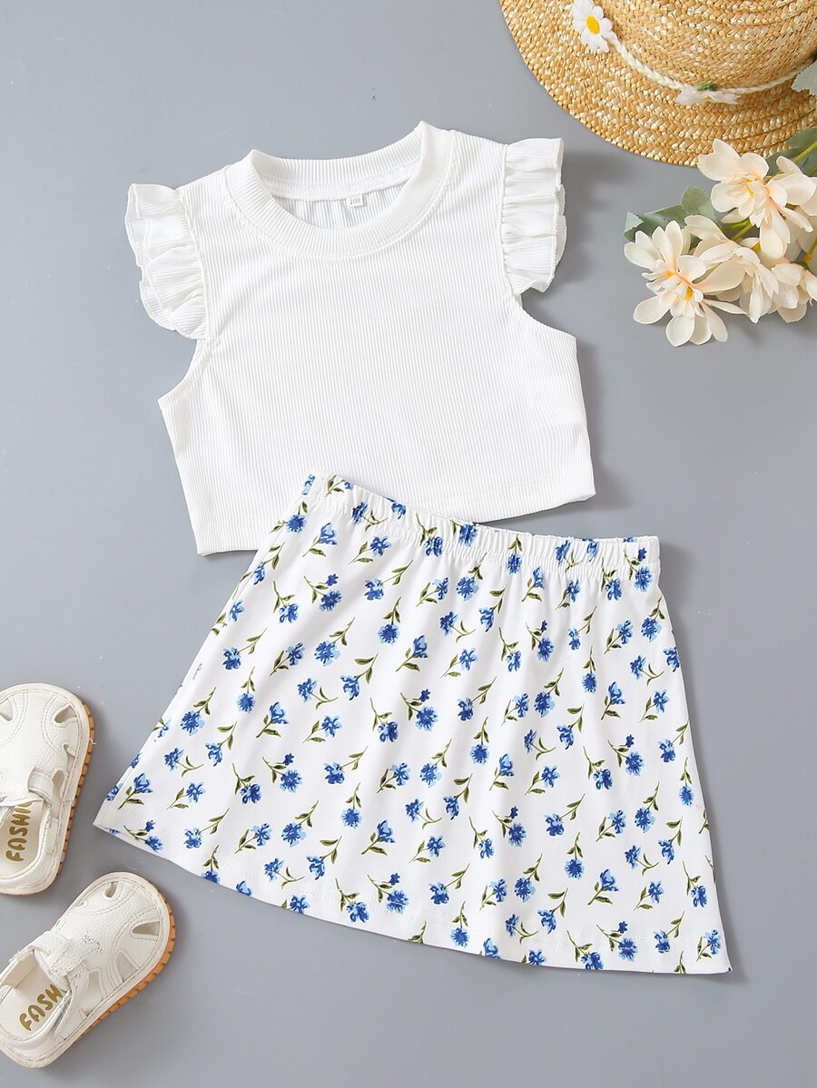 小女童1入組荷葉邊羅紋針織上衣帶1入組花卉圖案半身裙 - 白色 - 查看 1