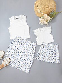 小女童1入組荷葉邊羅紋針織上衣帶1入組花卉圖案半身裙 - 白色 - 查看 7