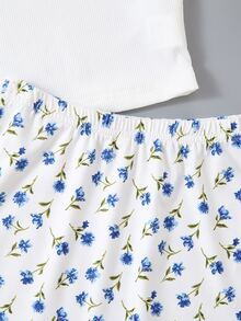 小女童1入組荷葉邊羅紋針織上衣帶1入組花卉圖案半身裙 - 白色 - 查看 6