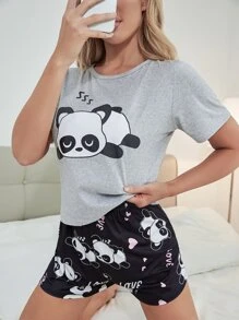 熊貓印花T恤和短褲睡衣套裝 - 彩色 - 查看 5