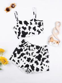 SHEIN Tween Girl 1pc Cow Print Lettuce Trim Cami Top With 1pc Shorts - Black and White - View 1
