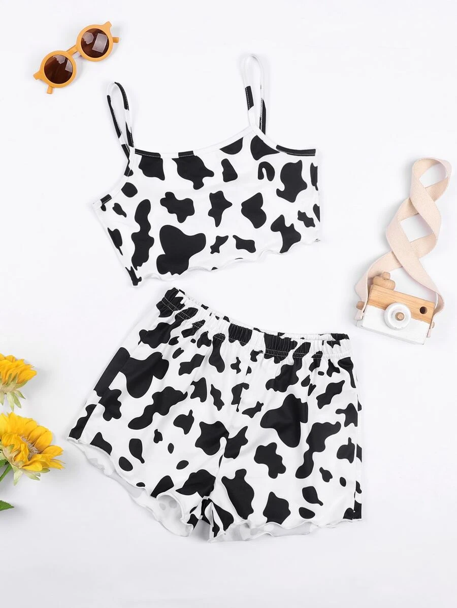 SHEIN Tween Girl 1pc Cow Print Lettuce Trim Cami Top With 1pc Shorts - Black and White - View 1