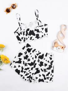 SHEIN Tween Girl 1pc Cow Print Lettuce Trim Cami Top With 1pc Shorts - Black and White - View 2