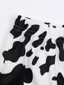 SHEIN Tween Girl 1pc Cow Print Lettuce Trim Cami Top With 1pc Shorts - Black and White - View 7