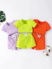 Bebé tejido de canalé 3 piezas Camiseta & con nudo delantero 3 piezas Shorts - Multicolor - Ver 1