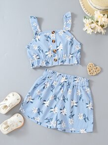 SHEIN Blusa Cami Peplum E Shorts Para Jovens Com Estampas Florais E Listras