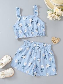 SHEIN Blusa Cami Peplum E Shorts Para Jovens Com Estampas Florais E Listras
