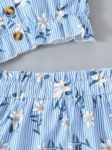 SHEIN Blusa Cami Peplum E Shorts Para Jovens Com Estampas Florais E Listras