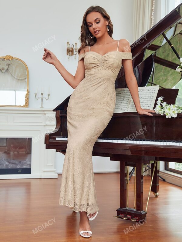 Ruched Bust Cold Shoulder Mermaid Hem Lace Bridesmaid Dress