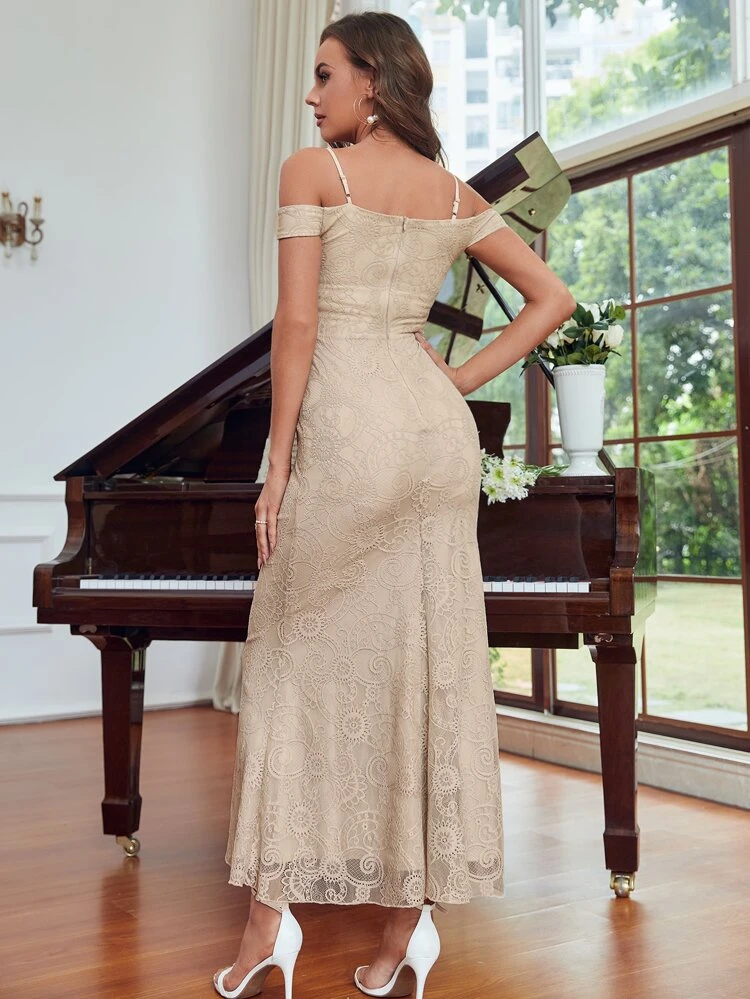 Ruched Bust Cold Shoulder Mermaid Hem Lace Bridesmaid Dress