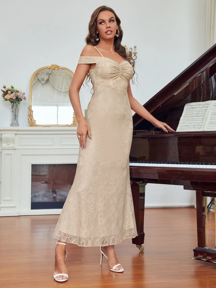 Ruched Bust Cold Shoulder Mermaid Hem Lace Bridesmaid Dress