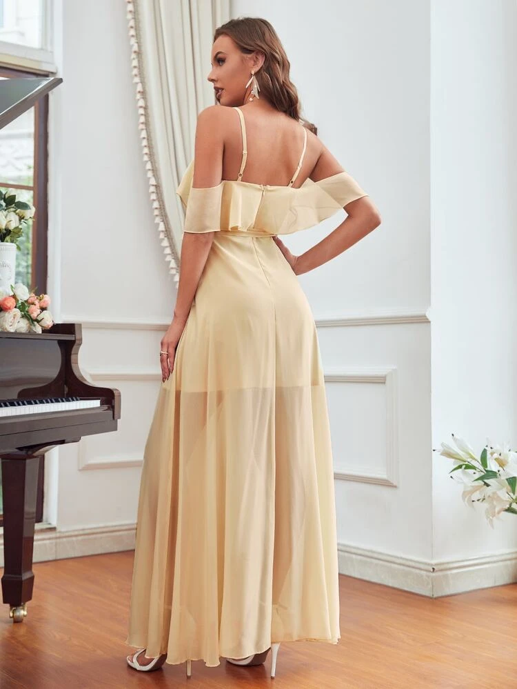 Cold Shoulder Ruffle Trim Slit Thigh Belted Chiffon Bridesmaid Dress