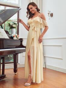 Cold Shoulder Ruffle Trim Slit Thigh Belted Chiffon Bridesmaid Dress - Apricot - View 3