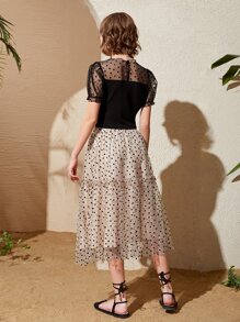 SHEIN Teen Girls Allover Heart Pattern Sheer Mesh Yoke Top & Skirt Set - Multicolor - View 2