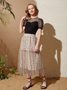 SHEIN Teen Girls Allover Heart Pattern Sheer Mesh Yoke Top & Skirt Set - Multicolor - View 3