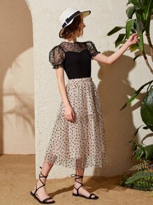 SHEIN Teen Girls Allover Heart Pattern Sheer Mesh Yoke Top & Skirt Set - Multicolor - View 4