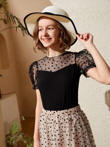 SHEIN Teen Girls Allover Heart Pattern Sheer Mesh Yoke Top & Skirt Set - Multicolor - View 6