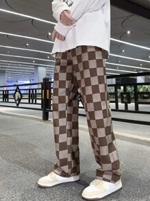 男士棋盤格男友牛仔褲 - 棕色 - 查看 2