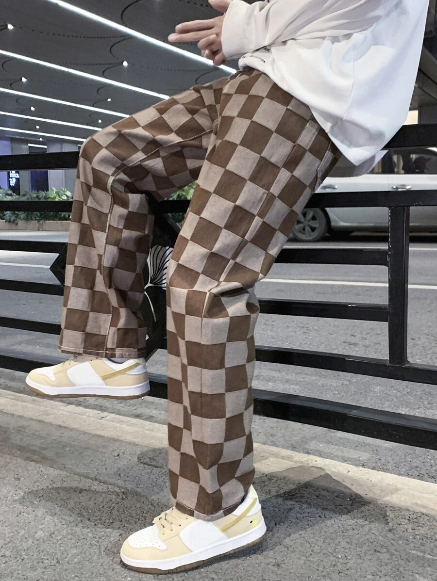 男士棋盤格男友牛仔褲 - 棕色 - 查看 1