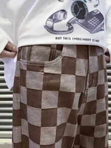 男士棋盤格男友牛仔褲 - 棕色 - 查看 6