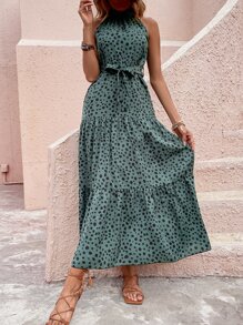 滿版印花荷葉邊下擺繫腰帶連衣裙 - 彩色 - 查看 5