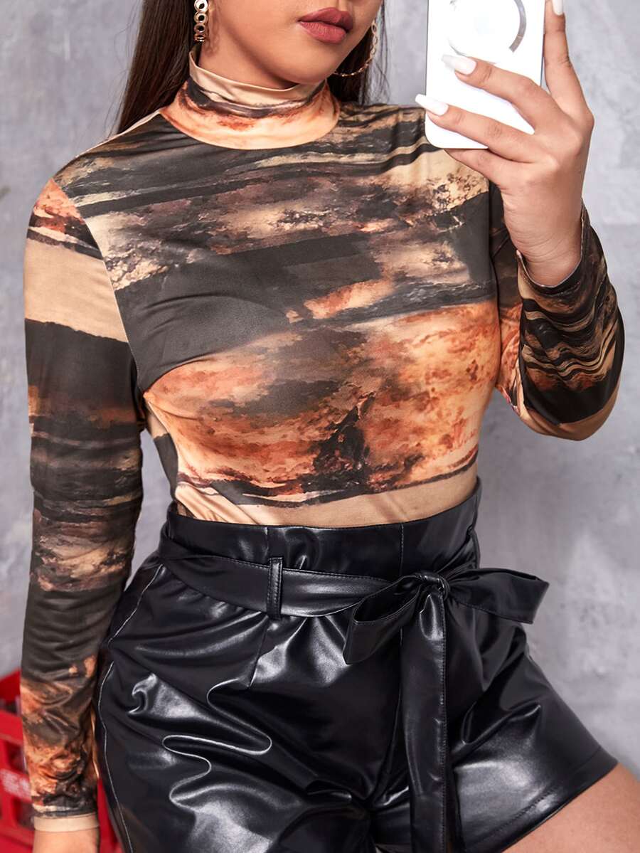 大碼紮染高領T恤 - 彩色 - 查看 1