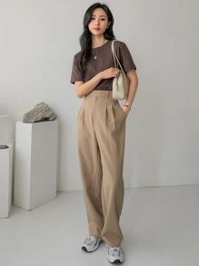 Dazy-Less High Waist Plicated Detail Tailored Trousers - Apricot - View 4