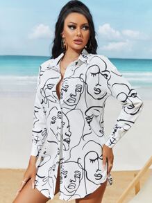 SHEIN SXY Allover Abstract Figure Graphic Drop Shoulder Blouse - White - View 4