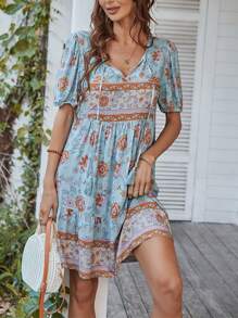 Breezaya Floral Print Tie Neck Puff Sleeve Ruffle Hem Smock Dress - Multicolor - View 1