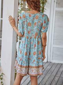 Breezaya Floral Print Tie Neck Puff Sleeve Ruffle Hem Smock Dress - Multicolor - View 2
