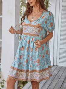 Breezaya Floral Print Tie Neck Puff Sleeve Ruffle Hem Smock Dress - Multicolor - View 4