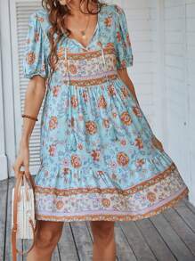 Breezaya Floral Print Tie Neck Puff Sleeve Ruffle Hem Smock Dress - Multicolor - View 5