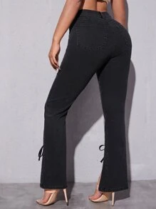 SHEIN High Waisted Knot Front Bootcut Jeans - Black - View 2