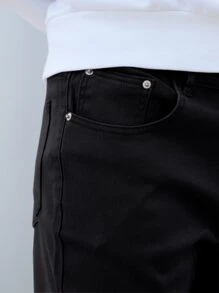 Jeans de corte slim con cremallera y unicolor para hombre - Negro - Ver 2