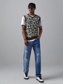 ROMWE MEN Hombres Chaleco de punto con patrón de leopardo unido en contraste - Multicolor - Ver 3