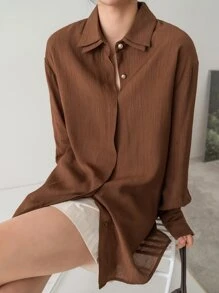 Dazy-Less Women Solid Color Daily Wear Drop Shoulder Shirt,Fall Clothes Business Casual Woman Work Clothes Long Sleeve Top - Coffee Brown - View 1