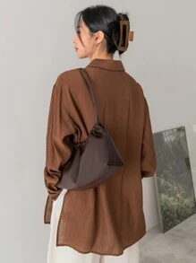 Dazy-Less Women Solid Color Daily Wear Drop Shoulder Shirt,Fall Clothes Business Casual Woman Work Clothes Long Sleeve Top - Coffee Brown - View 2