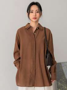 Dazy-Less Women Solid Color Daily Wear Drop Shoulder Shirt,Fall Clothes Business Casual Woman Work Clothes Long Sleeve Top - Coffee Brown - View 4