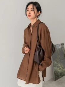 Dazy-Less Women Solid Color Daily Wear Drop Shoulder Shirt,Fall Clothes Business Casual Woman Work Clothes Long Sleeve Top - Coffee Brown - View 6