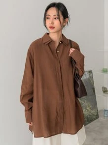 Dazy-Less Women Solid Color Daily Wear Drop Shoulder Shirt,Fall Clothes Business Casual Woman Work Clothes Long Sleeve Top - Coffee Brown - View 7