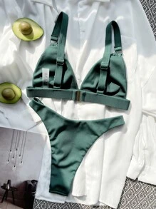 SHEIN Swim 羅紋比基尼套裝環鏈可調整肩帶三角形文胸和高衩2入組泳衣 - 墨綠色 - 查看 2