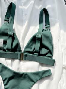 SHEIN Swim 羅紋比基尼套裝環鏈可調整肩帶三角形文胸和高衩2入組泳衣 - 墨綠色 - 查看 3
