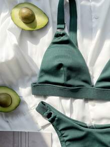 SHEIN Swim 羅紋比基尼套裝環鏈可調整肩帶三角形文胸和高衩2入組泳衣 - 墨綠色 - 查看 4