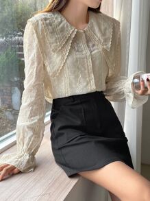 DAZY Swiss Dot Statement Collar Flounce Sleeve Blouse - Apricot - View 1